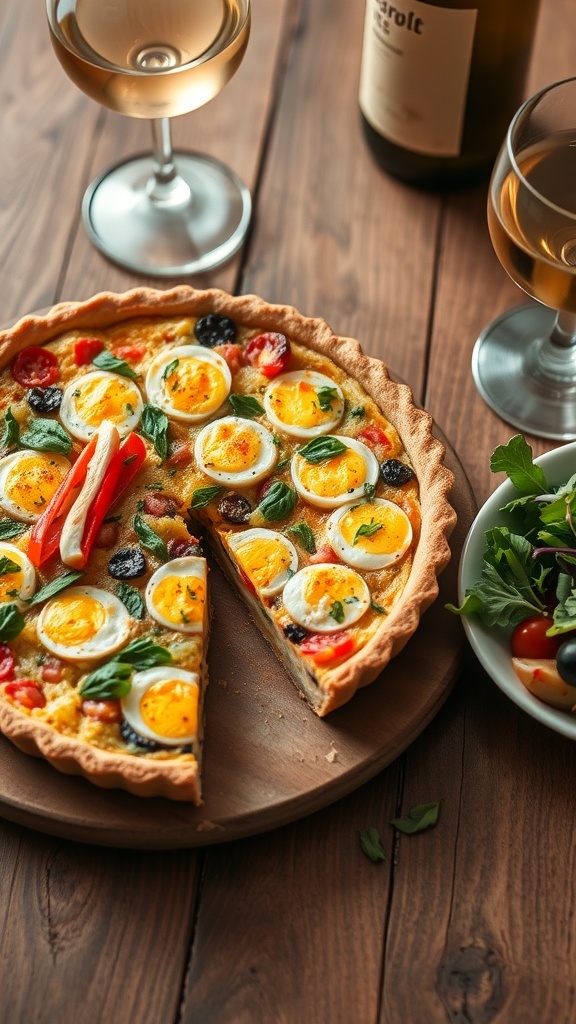A golden-brown quiche filled with eggs, cheese, and vegetables, garnished with herbs, served with a side salad.